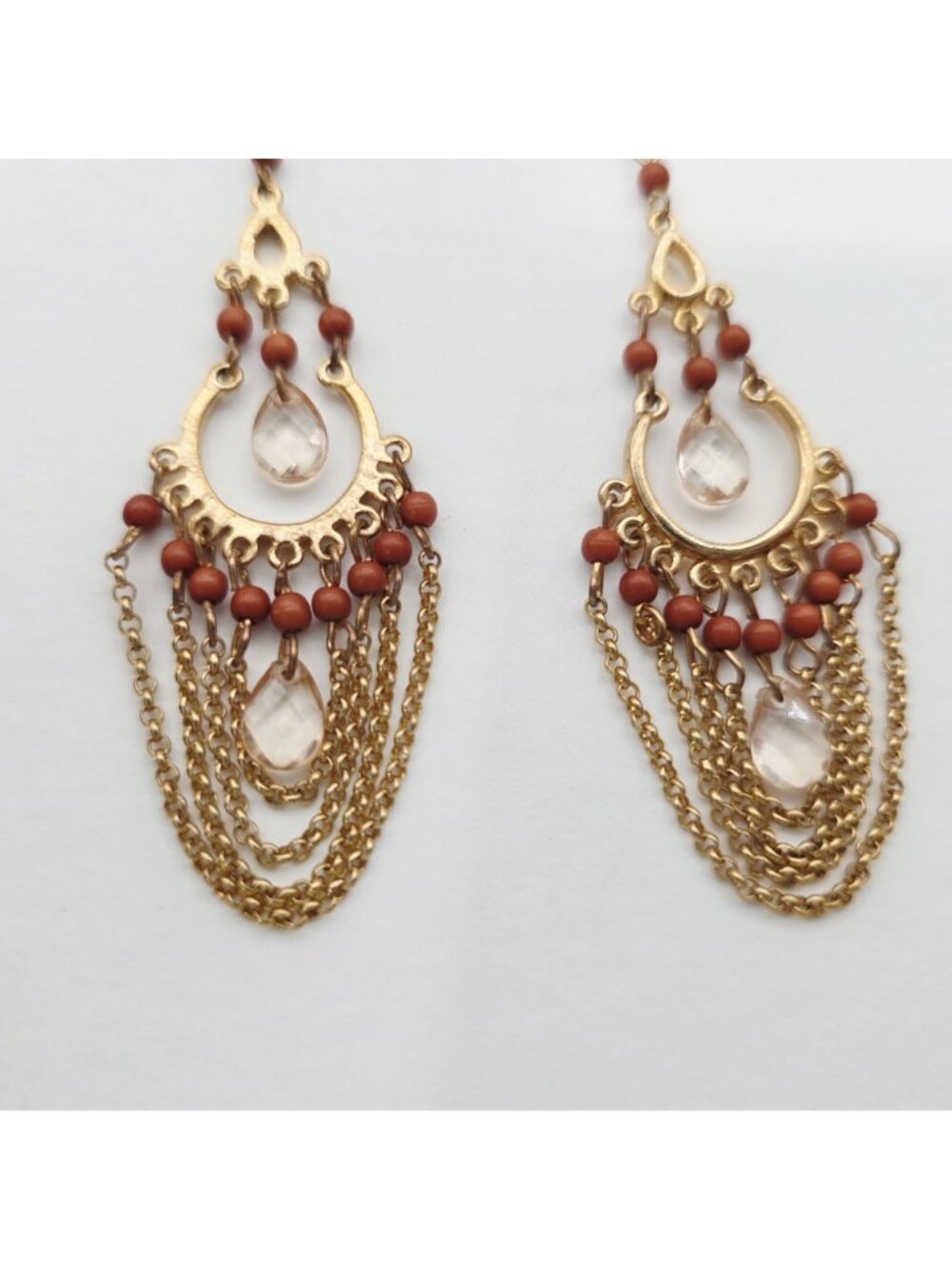 Gold-Tone Boho Dangle Earrings Chains Beads & Clear Crystal Accents Chandelier - Picture 2 of 5